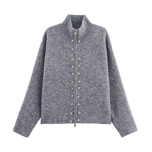 Button-Detail Zip Knit Cardigan